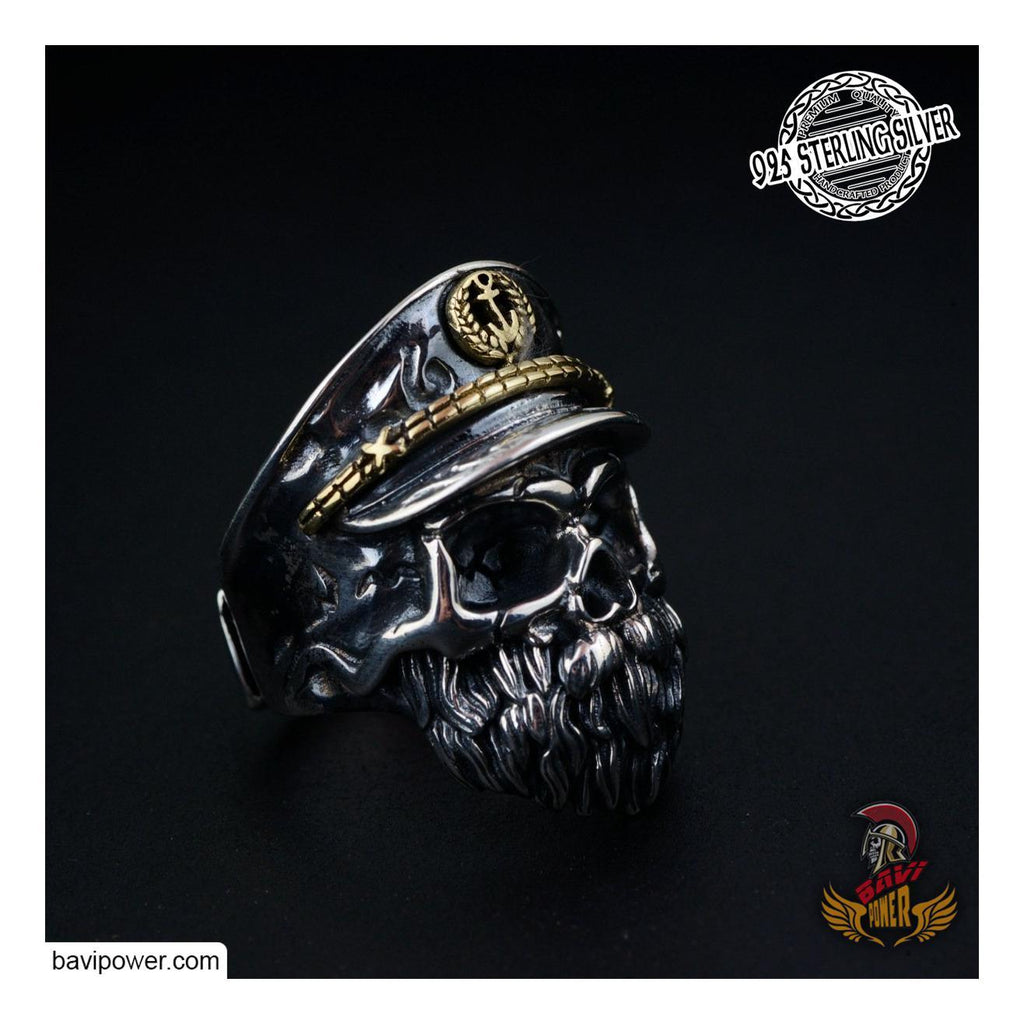 925 Sterling Silver Viking Pirate Captain Skull Ring
