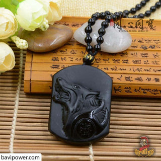 Black Obsidian Stone Wolf Pendant Necklace