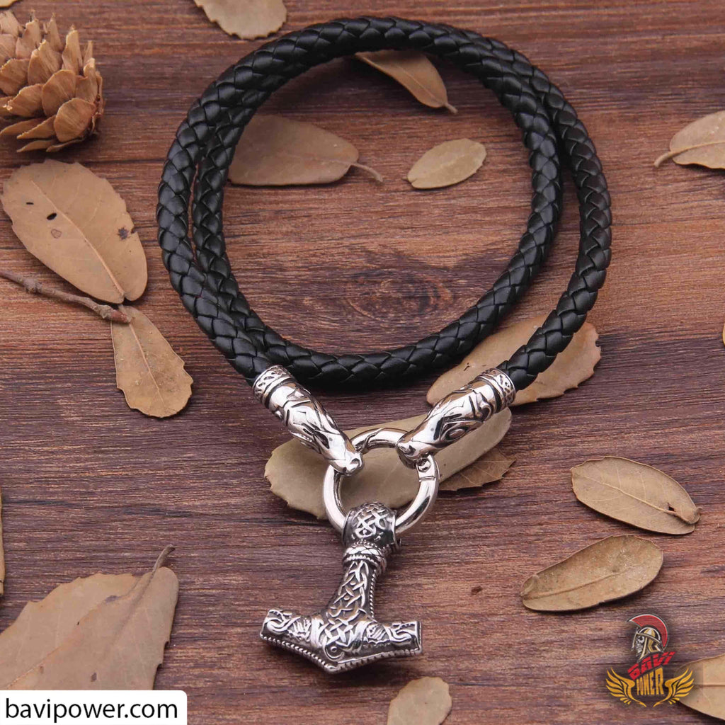 Fenrir Thor's Hammer Pendant Leather Necklace