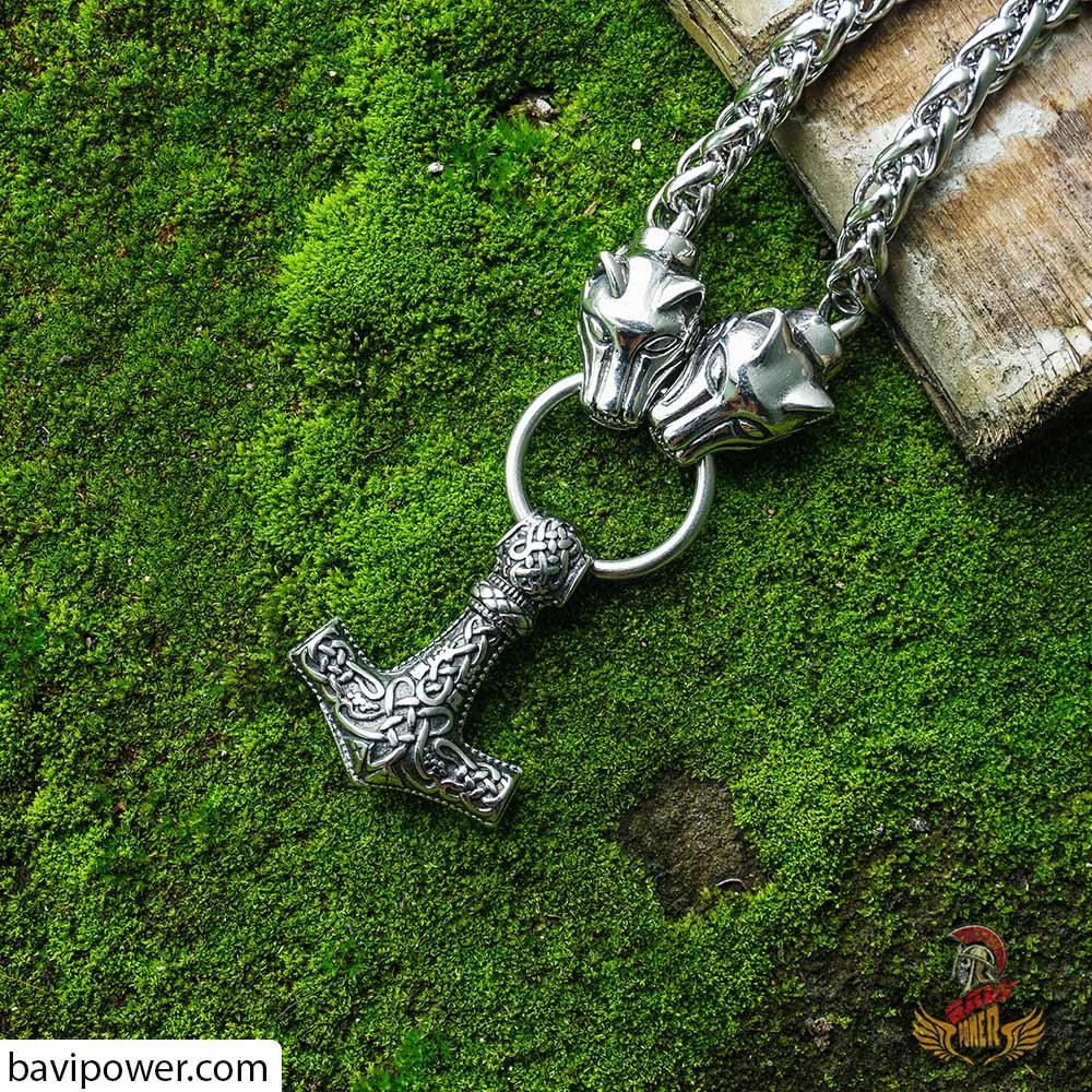 Fenrir Thor's Hammer with Wolf Chain Necklace