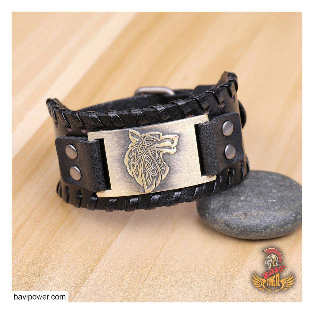 Fenrir Wolf Braided Genuine Leather Bangle Bracelet
