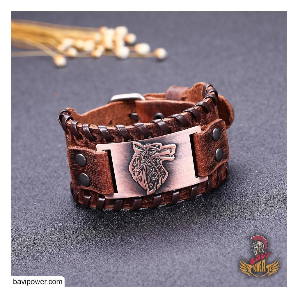 Fenrir Wolf Braided Genuine Leather Bangle Bracelet