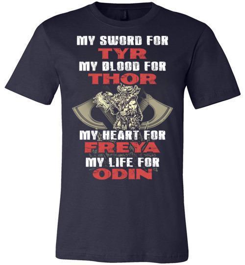 bavipower-viking-jewelry-My sword for TYR, my blood for THOR, my heart for FREYA, my life for ODIN-BaViPower-Canvas Unisex T-Shirt-Navy-S-BaViPower