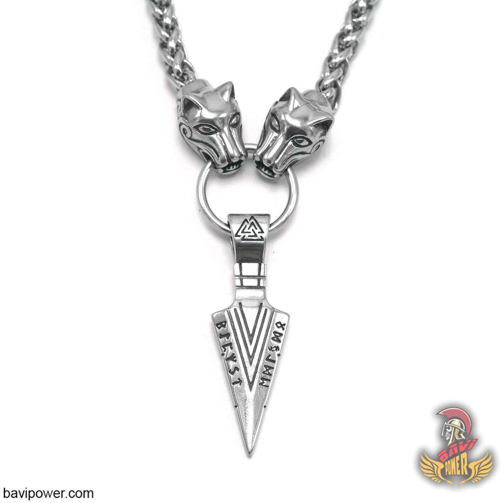 Odin's Gungnir Spear Head Pendant Necklace with Big Wolf Chain