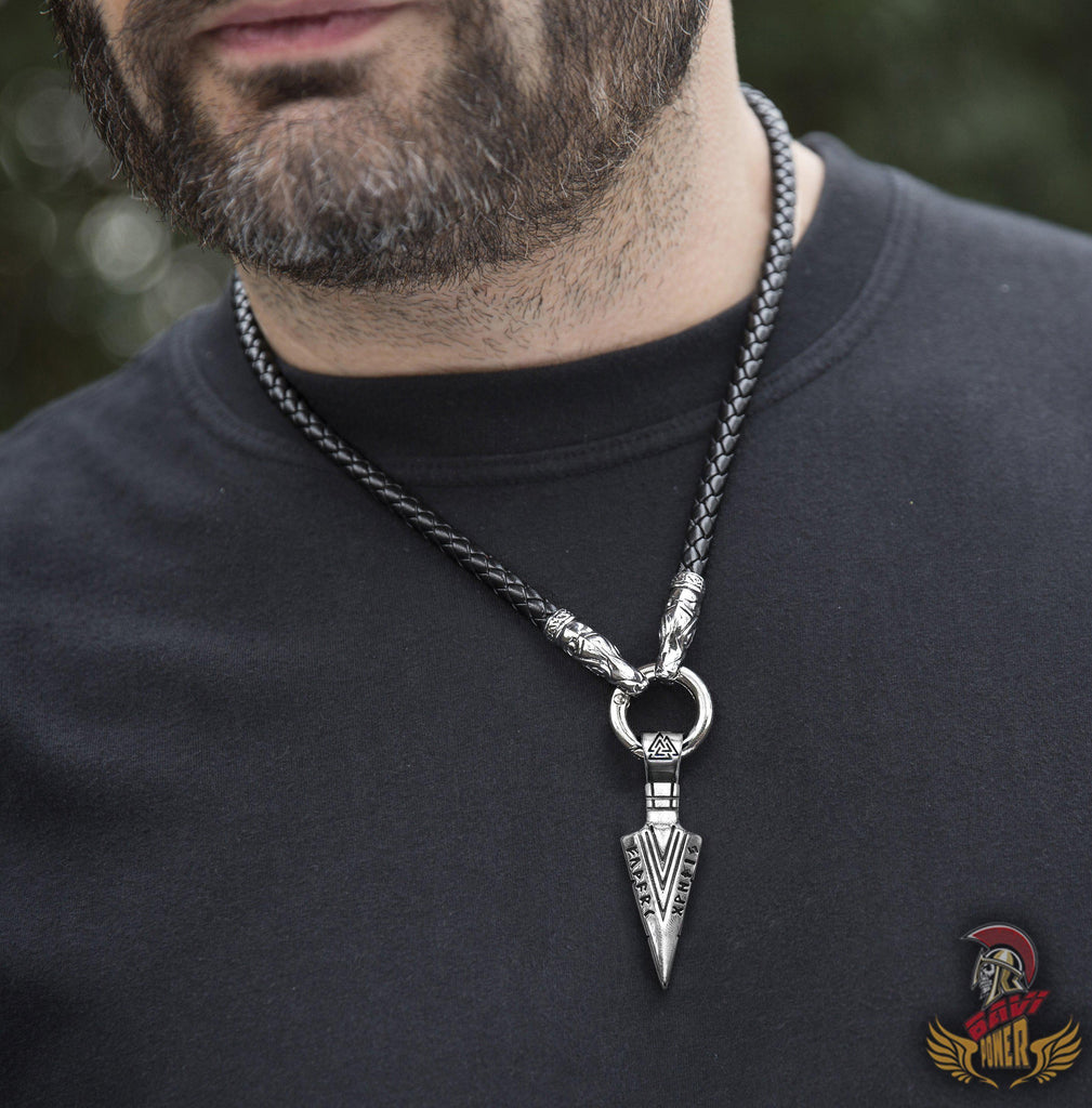 Odin's Gungnir Spear Head Pendant Necklace with Wolf Head Leather Chain