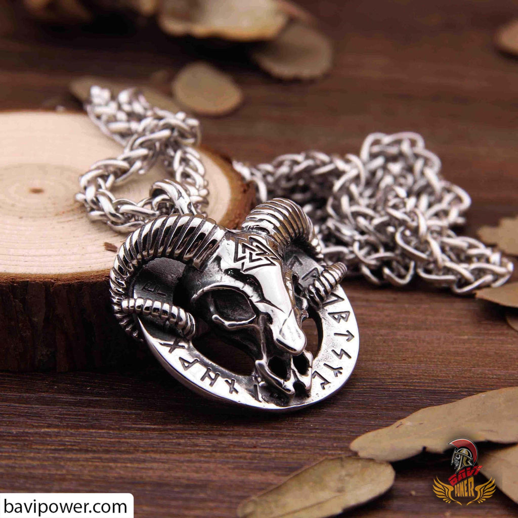 Runic Ram Skull Ring and Necklace Set