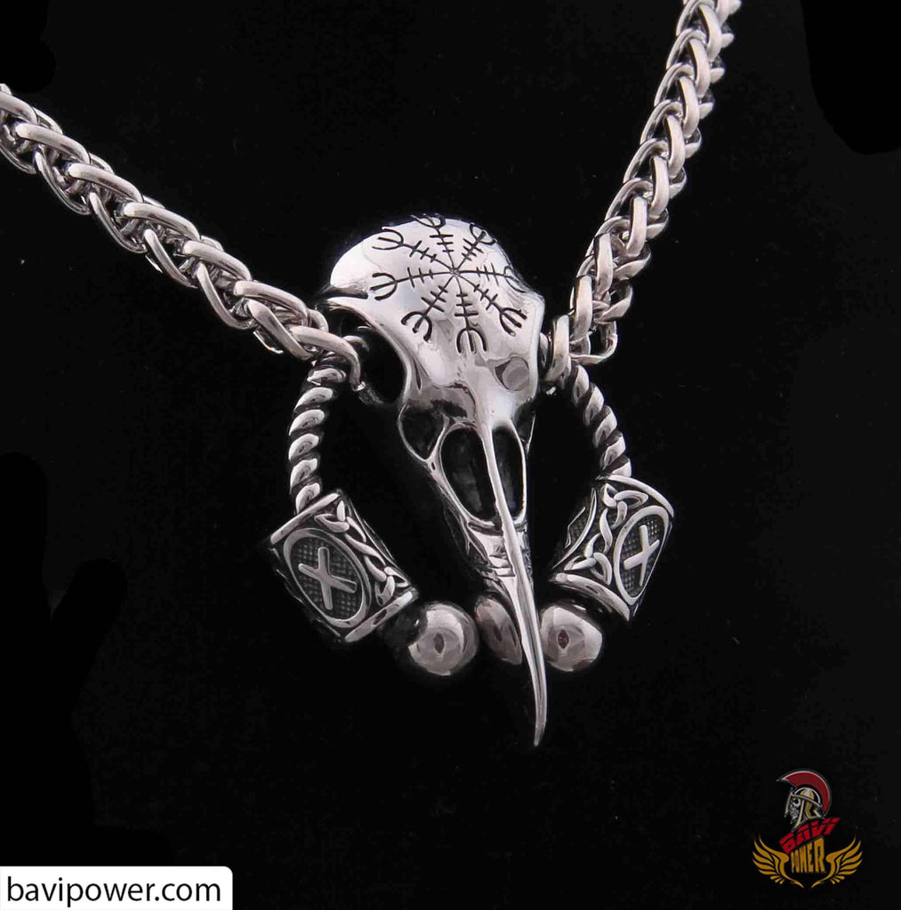 Runic Raven Skull Pendant Necklace