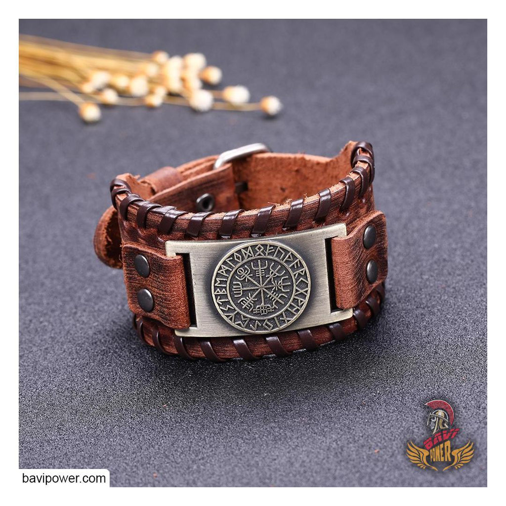 Runic Vegvisir Braided Genuine Leather Bangle Bracelet