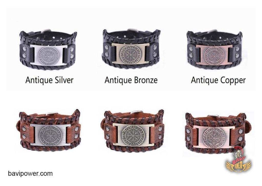 Runic Vegvisir Braided Genuine Leather Bangle Bracelet