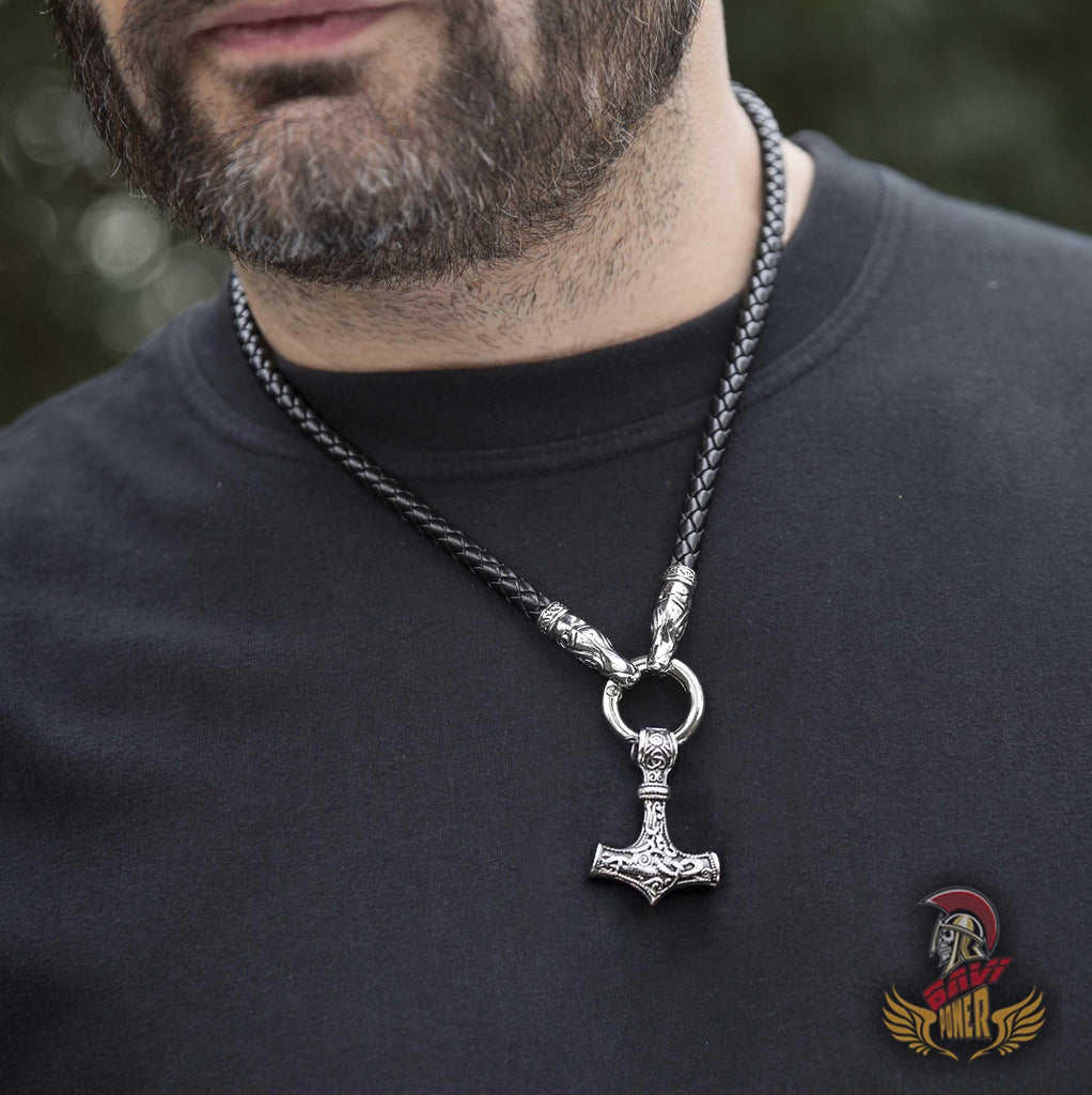 Nordic Viking Mjolnir Pendant Leather Chain Thor's Hammer