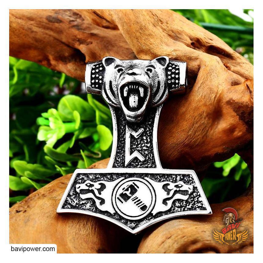 Viking Bear Mjolnir Amulet Pendant Necklace
