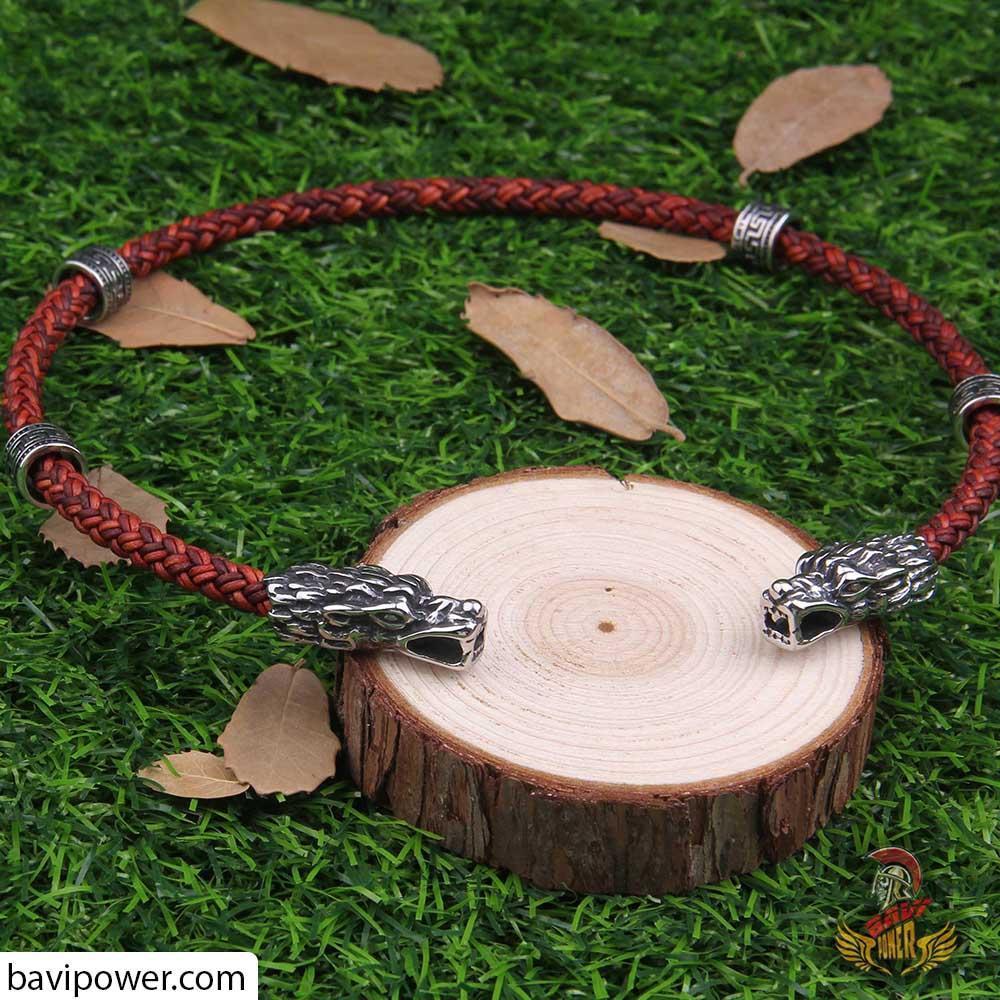 Wolf Head Handmade Leather Braided Torc Necklace