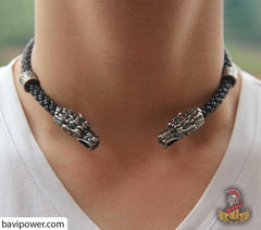 Wolf Head Handmade Leather Braided Torc Necklace