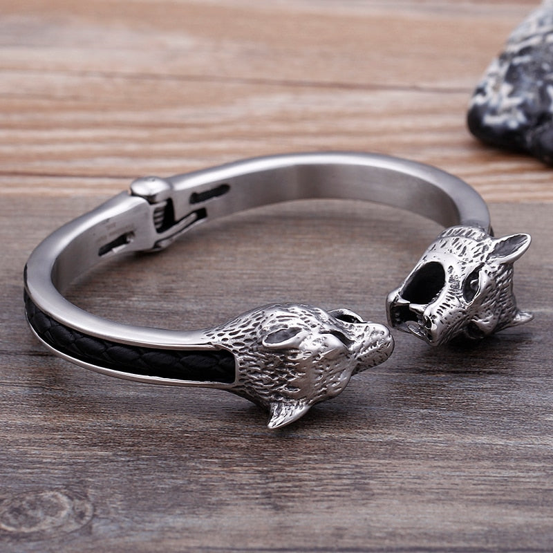 BaviPower Stainless Steel Viking Double Wolf Head Bangle Cuff Bracelet Nordic Ideal Amulet Charm