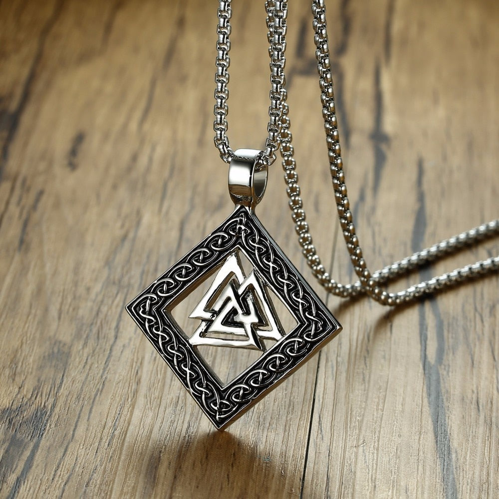 Stainless Steel Viking Odin Valknut Pendant Necklace with Box Chain