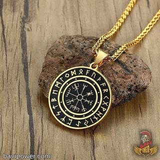 Stainless Steel Gold Tone Vegvisir Rune Pendant Necklace with Wheat Chain