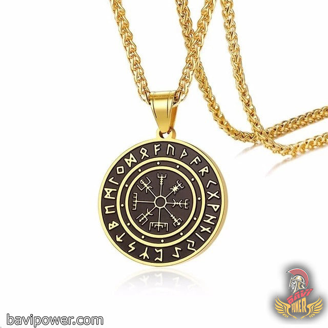 Stainless Steel Gold Tone Vegvisir Rune Pendant Necklace with Wheat Chain
