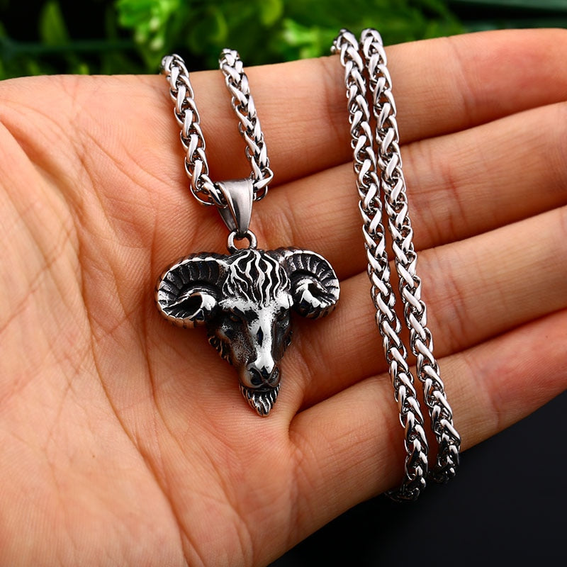 316L Stainless Steel Scandinavian Viking Sheep Head Amulet Pendant Necklace