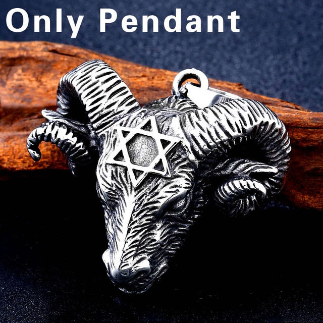 316L Stainless Steel Nordic Viking Thor Goat Head Pendant Necklace with Evil Eye
