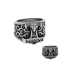 Stainless Steel Norse Raven Thor Hammer Ring