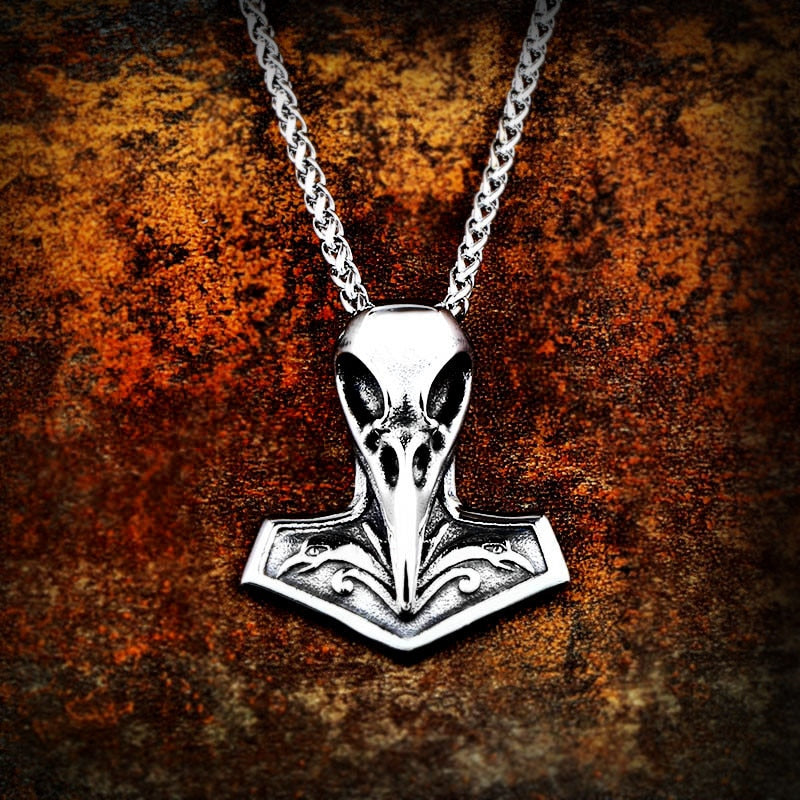 Stainless Steel Viking Odin Raven Thor Mjolnir Hammer Pendant Necklace
