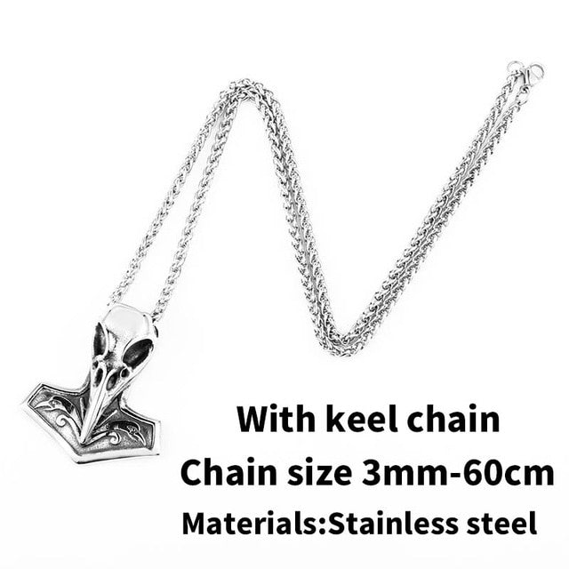 Stainless Steel Viking Odin Raven Thor Mjolnir Hammer Pendant Necklace