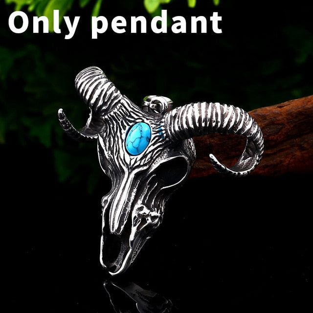 Stainless Steel Thor Goat Skull Turquoise Stone Pendant Necklace
