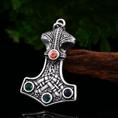 Stainless Steel Thor Hammer Mjolnir Pendant Necklace with Gemstone