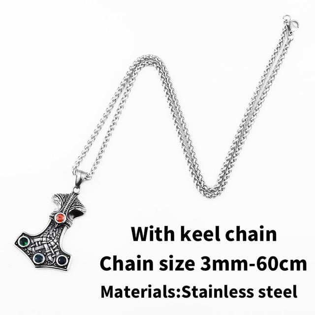Stainless Steel Thor Hammer Mjolnir Pendant Necklace with Gemstone