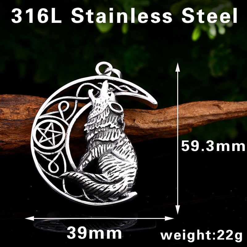 Stainless Steel Viking Howling Wolf Pentagram Moon Pendant Necklace