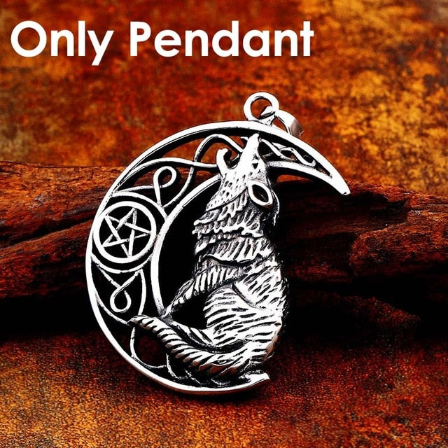 Stainless Steel Viking Howling Wolf Pentagram Moon Pendant Necklace