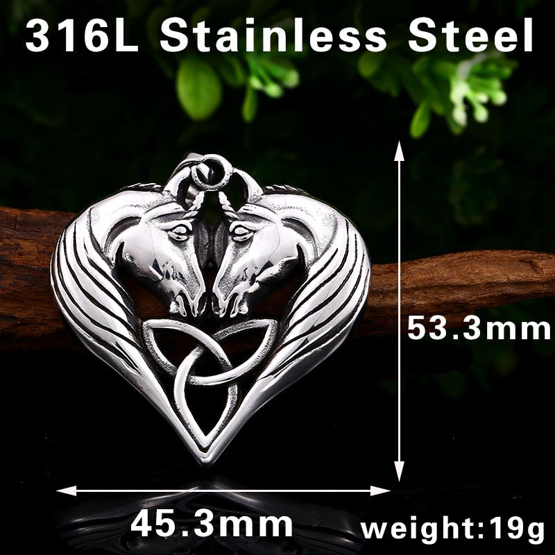 Stainless Steel Celtic Triquetra Knot Double Horse Pendant Necklace