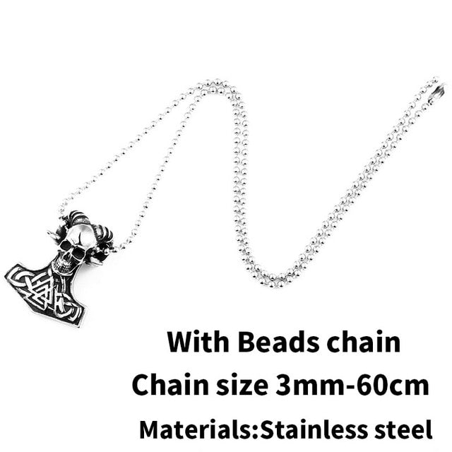 Stainless Steel Thor Hammer Skull Valknut Pendant Necklace