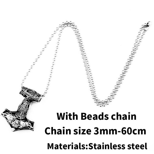 Stainless Steel Thor Hammer Valknut Wolf Head Pendant Necklace
