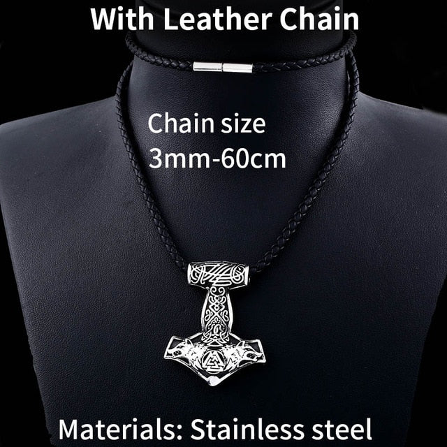 Stainless Steel Thor Hammer Valknut Wolf Head Pendant Necklace