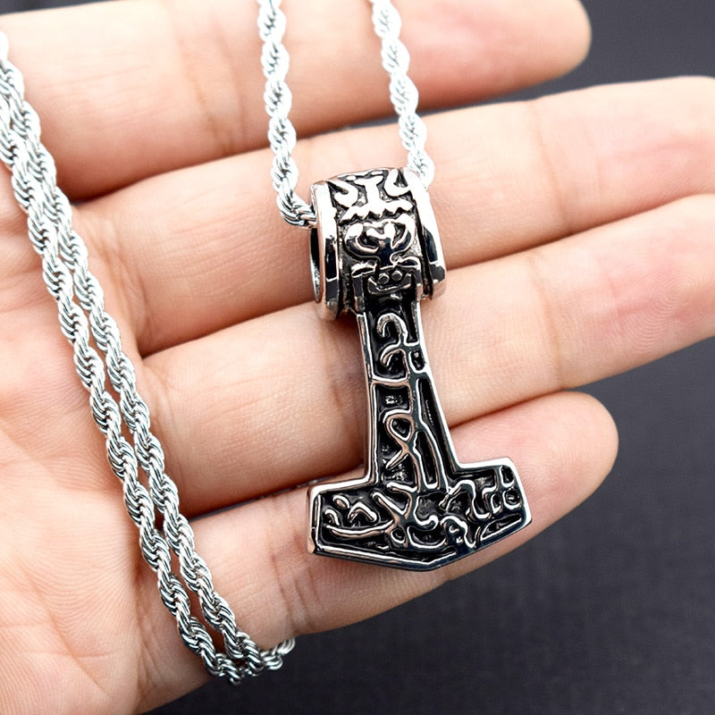 Stainless Steel Viking Thor Hammer Mjolnir Necklace with Rope Chain