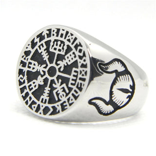 Stainless Steel Viking Vegvisir Rune Circle Signet Ring