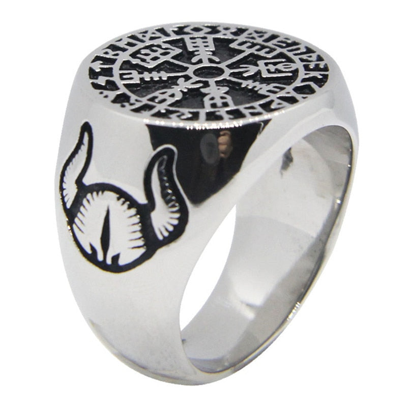 Stainless Steel Viking Vegvisir Rune Circle Signet Ring