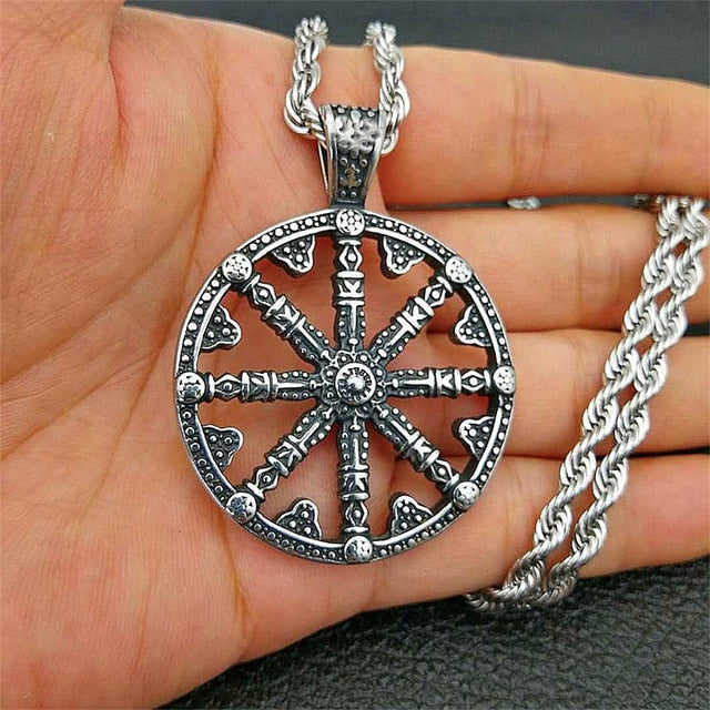 Stainless Steel Viking Rudder Wheel Pendant Necklace with Twisted Chain